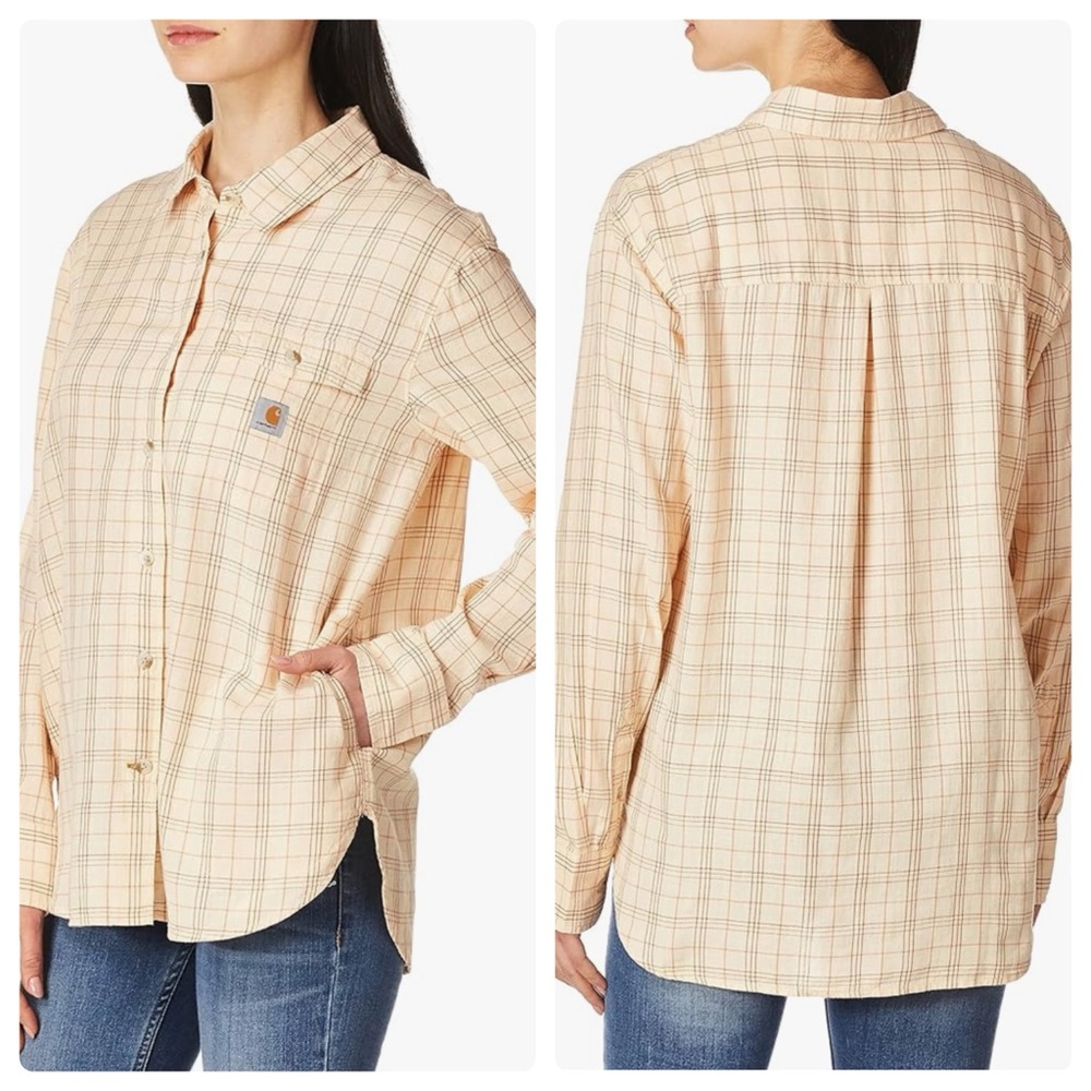 NWT Carhartt Women's Cotton Loose Fit Lightweight Plaid Shirt, Cantaloupe S